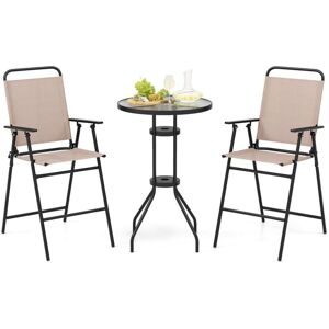 Costway - 3 pcs Outdoor Folding Bistro Set Patio 2 Folding Chairs & Round Bar Table w/ 4 cm Umbrella Hole
