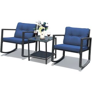 Costway - 3 Pcs Outdoor Rocking Bistro Set pe Rattan Rocking Chair Set w/Cushion