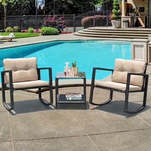 Costway - 3 Pcs Outdoor Rocking Bistro Set pe Rattan Rocking Chair Set w/Cushion