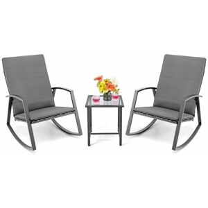 Costway - 3PCS Outdoor Rattan Rocking Bistro Set Garden Patio Wicker Table & Chair Set