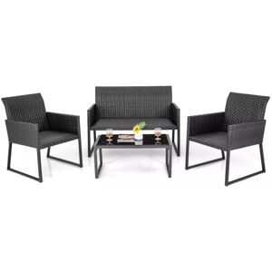 Costway - 4 Pcs Wicker Patio Furniture Set Outdoor Conversation Set W/Tempered Glass Table