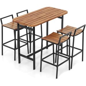 Costway - 5 Piece Acacia Wood Bar Table Set with Metal Frame and Footrest
