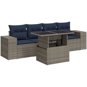 5 Piece Garden Sofa Set with Cushions Grey Poly Rattan Acacia Vidaxl