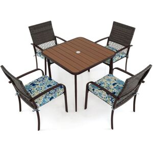 COSTWAY 5 Pieces Patio Dining Set 4 Cushioned Rattan Armchairs & Square Table
