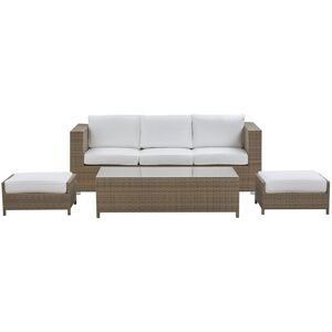 Beliani - Faux Rattan Outdoor Sofa Set Brown Table 2 Ottomans White Cushions Belluno