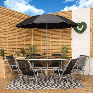 Samuel Alexander - 6 Person Garden Furniture Patio Set Table, 6 Chairs & Parasol with Black Glass