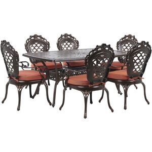 BELIANI Vintage Outdoor 6 Seater Dining Set Brown Aluminium Table Red Seat Pads Lizzano