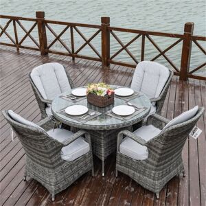 Abrihome 4-Seater Aluminum Round Dining Table Set With 5mm Tempered Glass Top & UV-Resistant PE Wicker – D120×H72cm,Grey