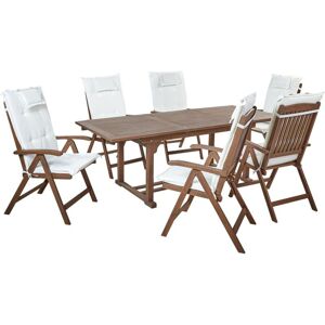 BELIANI Acacia Rustic 6 Seater Garden Dining Set Extending Table Reclining Chairs Dark Wood with Off-White Cushions Amantea