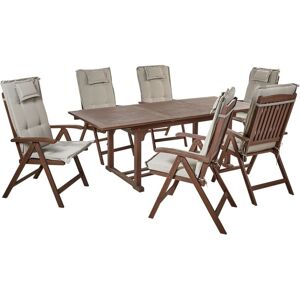 BELIANI Acacia Rustic 6 Seater Garden Dining Set Extending Table Reclining Chairs Dark Wood with Taupe Cushions Amantea
