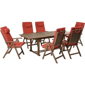 BELIANI Acacia Rustic 6 Seater Garden Dining Set Extending Table Reclining Chairs with Red Cushions Amantea Premium