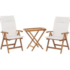 Beliani - Garden Bistro Set Acacia Wood Table 2 Chairs Folding Off-White Cushions Java