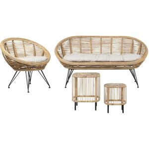 BELIANI Boho 3 Seater Sofa Set with Coffee Table Rattan Light Beige Cushion Cotton Fabric Medium Resistance Indoor Natural Maratea/Cesenatico