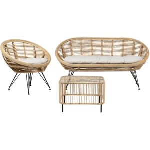 BELIANI Boho 3 Seater Sofa Set with Coffee Table Rattan Light Beige Cushion Cotton Fabric Medium Resistance Indoor Natural Maratea/Cesenatico