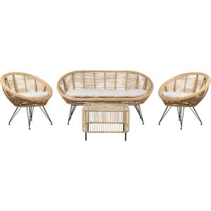 BELIANI Boho 4 Seater Sofa Set with Coffee Table Rattan Light Beige Cushion Cotton Fabric Medium Resistance Indoor Natural Maratea/Cesenatico