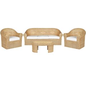 BELIANI Boho 5 Seater Garden Sofa Set Rattan White Cushion Cotton Fabric Medium Resistance Natural Livadeia