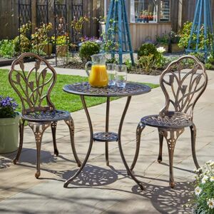 Home Source - Brown Bistro Set Outdoor Garden Patio Floral Table and 2 Chairs Aluminium Frame