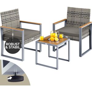 Casaria Polyrattan 3pc Garden Furniture Lounge Set Weatherproof Table 2x Chairs 160kg Load Capacity 2 Chairs Pads Height-Adjustable Feet Grey Grau Akazie