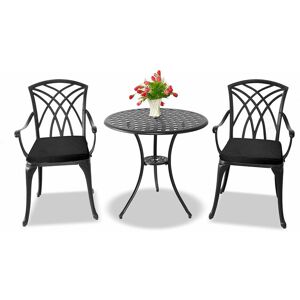 Centurion Supports OSHOWA Garden & Patio Table & 2 Large Chairs with Armrests Cast Aluminium Bistro Set - Black Cushions
