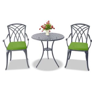 Centurion Supports OSHOWA Luxurious Garden & Patio Table & 2 Chairs Cast Aluminium Bistro Set - Grey with Green Cushions