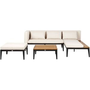 BELIANI Left Hand Acacia Wood Garden Lounge Set 3 Seater Corner Sofa with Ottoman and Coffee Table Light Beige Cushions