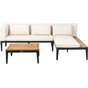 BELIANI Left Hand Acacia Wood Garden Lounge Set 3 Seater Corner Sofa with Coffee Table Light Beige Cushions