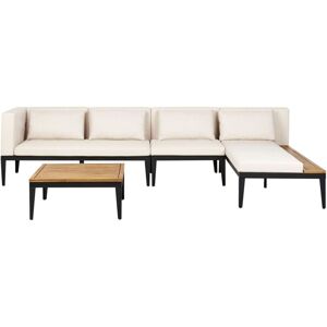 BELIANI Left Hand Acacia Wood 4 Seater Garden Lounge Set Corner Sofa with Coffee Table Light Beige Cushions