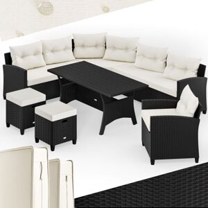 Casaria Poly Rattan Garden Furniture wpc Dining Table Set Outdoor Patio Conservatory Corner Sofa Wicker Lounge 9 Seater Black Cream w/ Cushion Foot Stool