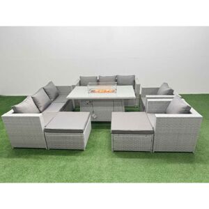 10 Seat pe Rattan Lounge Sofa Set Outdoor Garden Furniture Set with Firepit Dining Table 3 Seater Sofa 2 Big Footstool Light Grey - Fimous