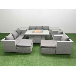 FIMOUS 10 Seat pe Rattan Lounge Sofa Set Outdoor Garden Furniture Set with Firepit Dining Table 3 Seater Sofa 2 Side Tables 2 Big Footstool Light Grey