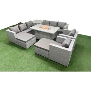 10 Seat pe Rattan Lounge Sofa Set Outdoor Garden Furniture Set with Firepit Dining Table 3 Seater Sofa Side Table 2 Big Footstool Light Grey - Fimous