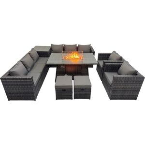 Fimous 10 Seater Garden Outdoor Rattan Furniture Set Patio Corner Sofa Gas Firepit Dining Table with Side Table 2 Small Stools Dark Grey