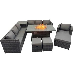 Fimous 10 Seater Garden Outdoor Rattan Furniture Set Patio Corner Sofa Gas Firepit Dining Table with Side Table 3 Stools Dark Grey