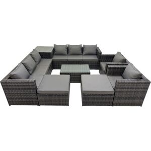 Fimous 10 Seater Garden Outdoor Rattan Furniture Set Patio Corner Sofa Rectangular Coffee Table with 2 Big Stools Side Table Dark Grey