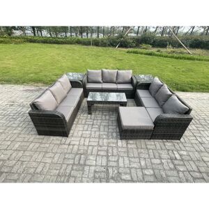 10 Seater Rattan Garden Furniture Set Indoor Outdoor Patio Sofa Set with Coffee Table 2 Side Tables Big Footstool Dark Grey Mixed - Fimous