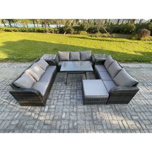 Fimous 10 Seater Wicker Rattan Garden Furniture Set with Rectangular Dining Table 2 Side Tables Big Footstool Patio Outdoor Lounge Sofa Set