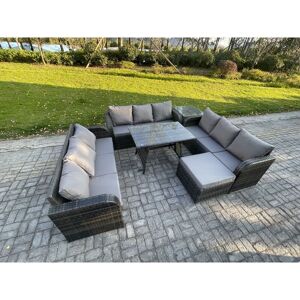 10 Seater Wicker Rattan Garden Furniture Set with Rectangular Dining Table Big Footstool Side Table Patio Outdoor Lounge Sofa Set - Fimous