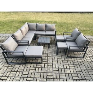 Fimous 11 Seater Outdoor Aluminium Garden Furniture Set Corner Lounge Sofa Set with Square Coffee Table Chair 3 Footstools Dark Grey
