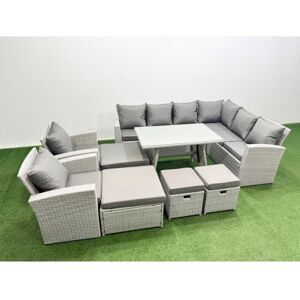 Fimous 12 Seater Garden Outdoor Rattan Furniture Set Rattan Corner Sofa Oblong Dining Table with 2 Armchairs 4 Footstools Light Grey Mixed