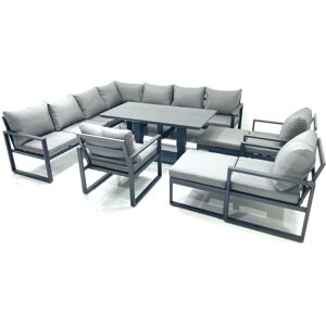 Fimous 12 Seater Outdoor Aluminum Garden Furniture Set Corner Sofa 3 Chair 2 Big Footstools Adjustable Rising Lifting Dining Table Sets Dark Grey