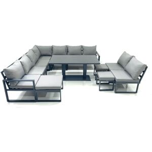 Fimous 12 Seater Outdoor Aluminum Garden Furniture Set Corner Sofa 3 Footstools Rising Lifting Dining Table Sets Dark Grey