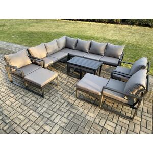 Fimous 13 Seater Aluminium Outdoor Garden Furniture Set Patio Lounge Sofa with Oblong Coffee Table Chair 2 Small Footstools 2 Big Footstools Dark Grey