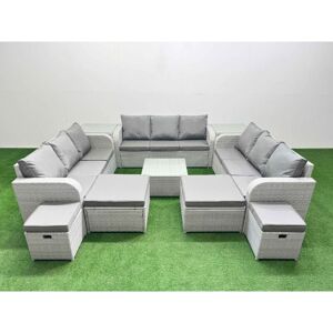 13 Seater Outdoor Garden Furniture Set pe Rattan Lounge Sofa Set with Coffee Table 3 Seater Sofa 4 Footstools 2 Side Tables Light Grey - Fimous