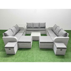 Fimous 13 Seater Outdoor Garden Furniture Set PE Rattan Lounge Sofa Set with Coffee Table 3 Seater Sofa 4 Footstools Side Table Light Grey