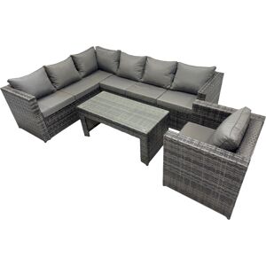 Fimous 4 Pieces Outdoor PE Rattan Garden Furniture Corner Sofa Oblong Coffee Table Set with Cushions Dark Grey Mixed