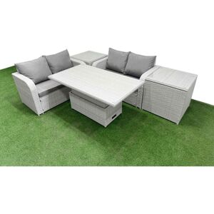 4 Seater Outdoor Love Sofa Set Rattan Garden Furniture Set with Adjustable Lifting Dining or Coffee Table 2 Side Tables Light Grey - Fimous