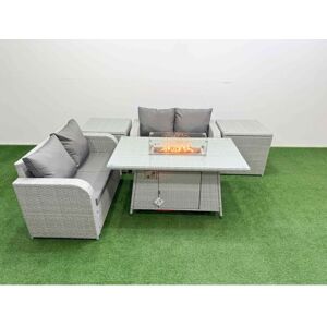 4 Seater Outdoor Love Sofa Set Rattan Garden Furniture Set with Firepit Dining Table 2 Side Tables Light Grey - Fimous