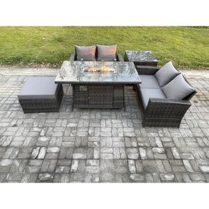 5 Pieces Garden Furniture Sets Poly Rattan Outdoor Patio Gas Firepit Dining Table Sofa Set with Side Table Big Footstool - Fimous