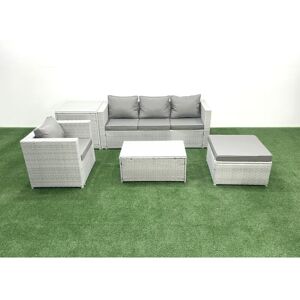 5 Pieces Rattan Garden Furniture Set Outdoor Garden Sofa Chair Coffee Table Set with Side Table Big Footstool Light Grey Mixed - Fimous