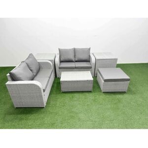 Fimous 5 Seater Outdoor Love Sofa Set Rattan Garden Furniture Set with Rectangular Coffee Table Big Footstool 2 Side Tables Light Grey